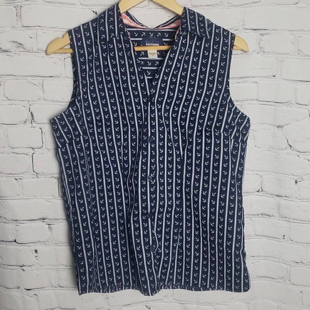 Basic Editions Navy Blue Anchor Button Down Sleeveless Top